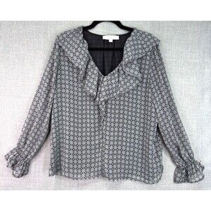 Loft Petites Long Sleeve Ruffled Blouse Women's Size LP Geo Print Black White